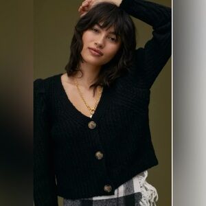 Anthropologie Current Air Cardigan Sweater Medium Black Puff Sleeve Chunky Knit